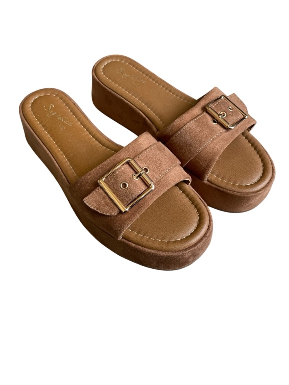 Seychelles Poppy Cognac Suede Platform Slide Sandals with Gold-tone Buckle